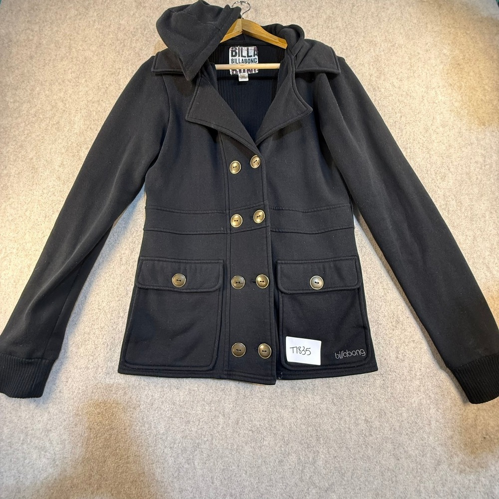 Billabong Womens Black Hooded Pea Coat Jacket JF01MBEN Fleece Brass Buttons L